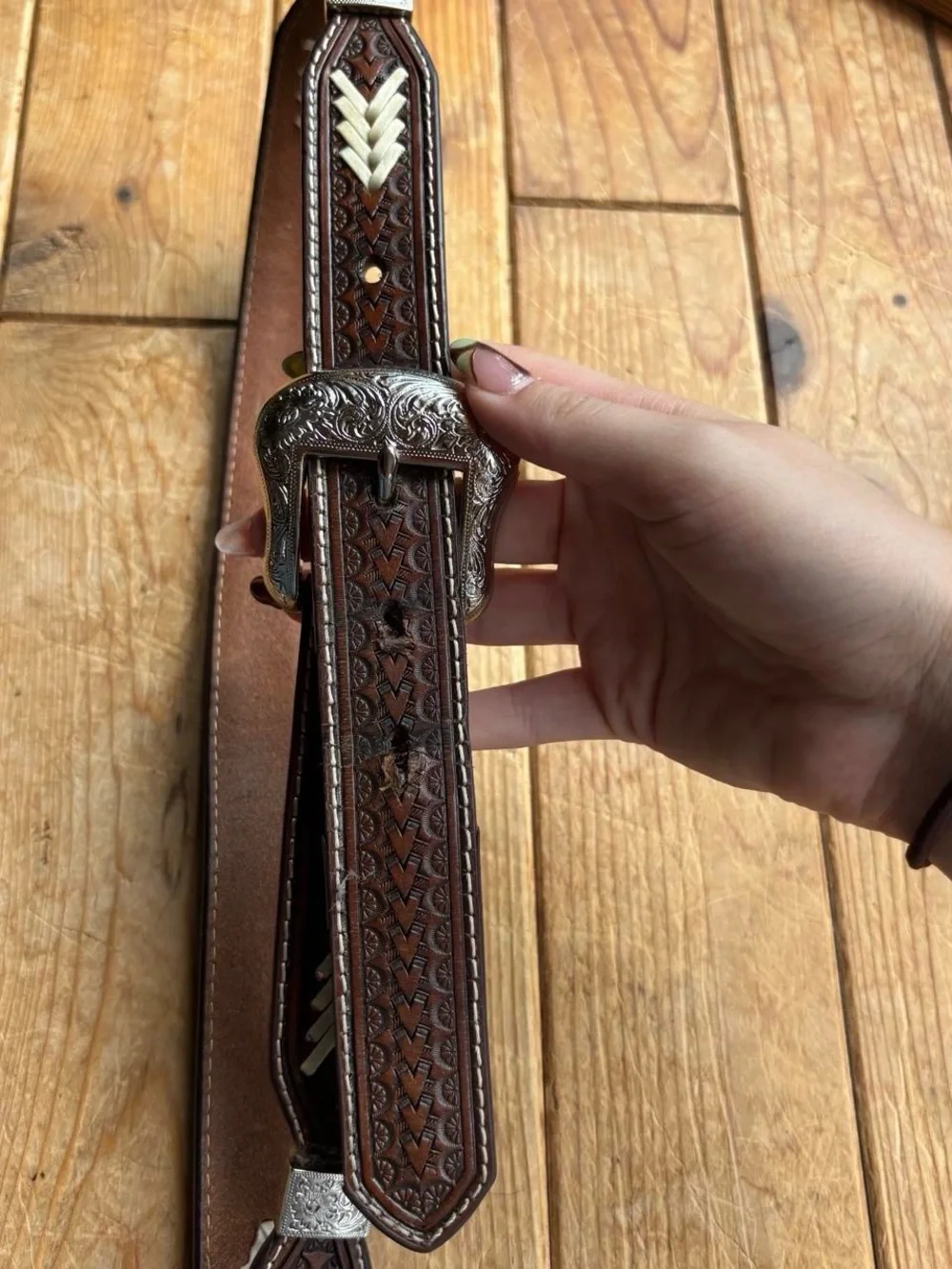 Brown Tooled Leather Belt with Silver Detailing